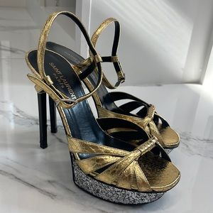 Saint Laurent Gold Heels Glitter Platform Sandals Size 37.5